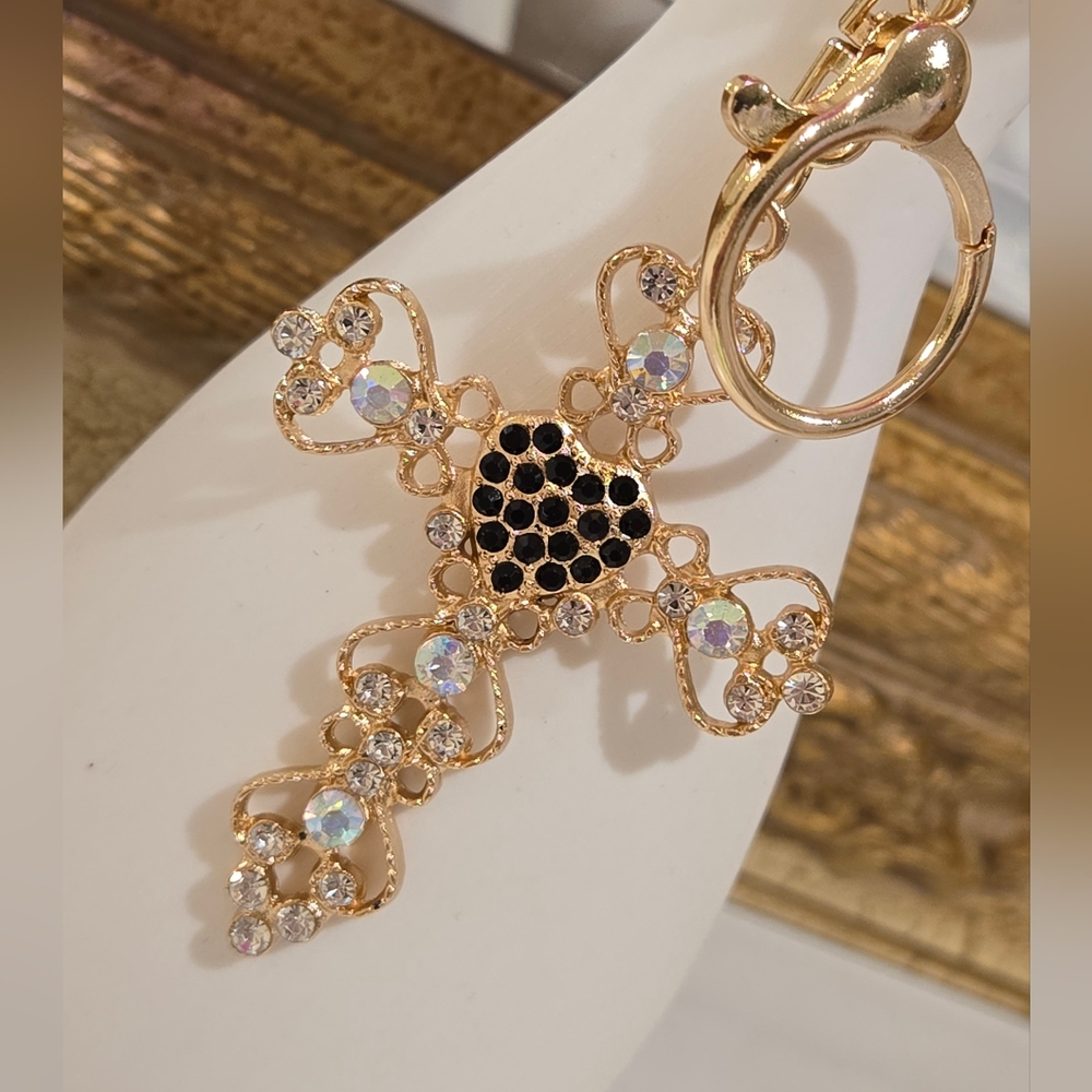 Goldtone Cross Keychain/ Purse Charm with Black and Clear Gemstones